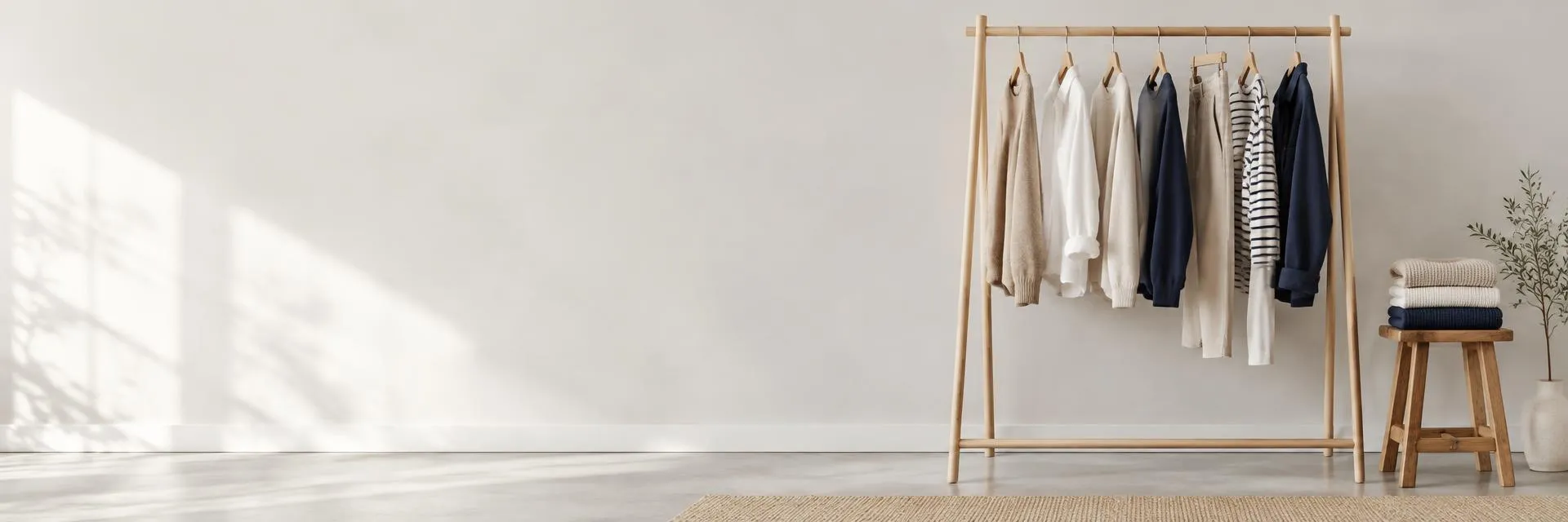 木製ハンガーラックにナチュラルカラーの服が掛かった店内イメージ（AI生成のデモ画像）
