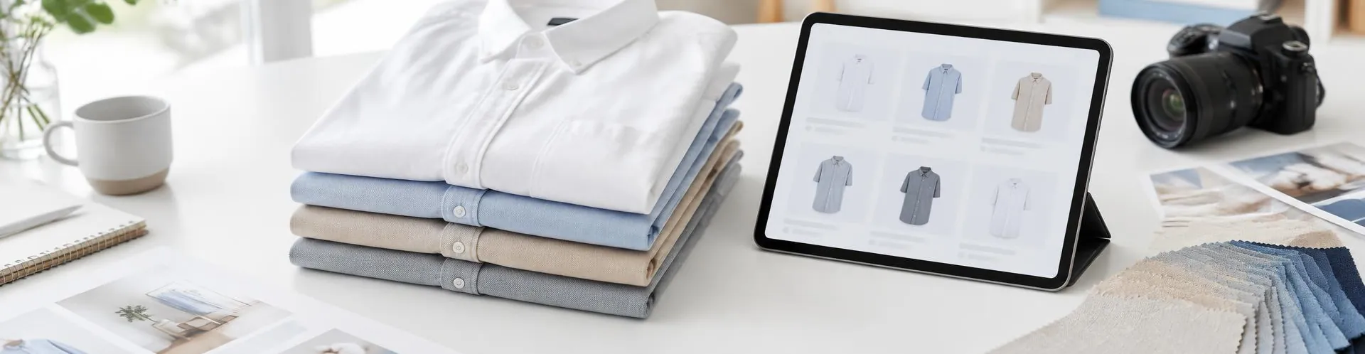 シャツと商品一覧を表示したタブレット、カメラが並ぶアパレルEC企画のイメージ