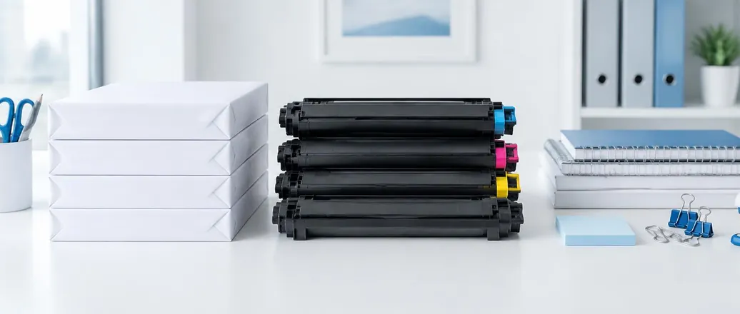 コピー用紙とトナーカートリッジ、文具が並ぶOA用品のイメージ